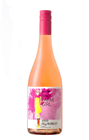 Bottle of 'Fancy Farm Girl' 2020 Pink Bubbles wine on a white background