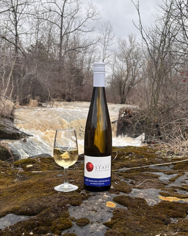 Sue-Ann Staff Estate Winery 202 Riesling bottle from Niagara Benchlands VQA and glass of Riesling sitting on limestone in front of a Niagara Escarpment waterfall in Jordan, Ontario  in early spring. 