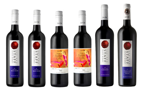 photo collage of two bottles of Bank Barn Baco, two bottles of Flamboyant Red, one bottle of Gritstone Cabernet and one bottle of Chestnut Tree Cabernet Franc
