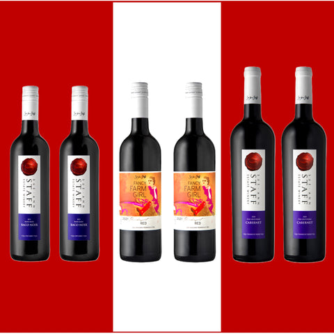 The Big Red Bratpack -- two bottles each of our most popular red wines pictured here in a collage over red and white stripes suggesting the Canadian flag
