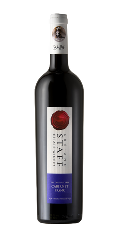 Sue-Ann Staff Estate Winery, bottle of 2020 The Chestnut Tree Cabernet Franc, 100% estate grown Cab Franc vinified in the Niagara Benchlands, displayed in front of a white background.