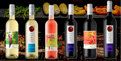 Chill & Grill Pack: photo of six bottles of wine superimposed over an image of a grill filled with vegetables and meats. 
