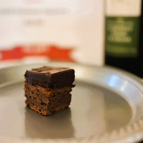 Close up image of last year's Death By Chocolate cake with Wisteria Tree Cabernet Franc Icewine, the final stop on our 2024 Holiday Sip & Savour Open House event. 