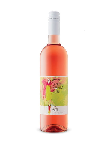 Bottle of pink wine with a label on a white background