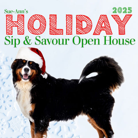 Dog wearing a Santa hat with text Holiday Sip & Savour event