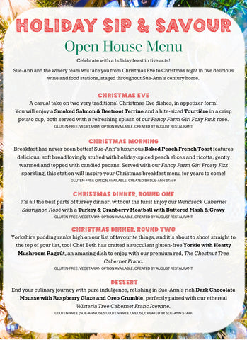 Holiday Sip & Savour Open House Menu with festive design elements