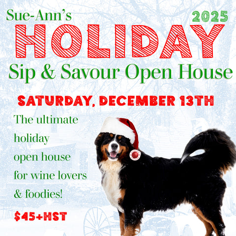 Promotional flyer for Sue-Ann's Holiday Sip & Savour Open House featuring a dog wearing a Santa hat.