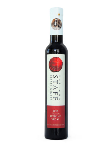 
Sue-Ann Staff Estate Winery, bottle of  2018 Howard’s Icewine Vidal bottle from Niagara VQA displayed on a white background
