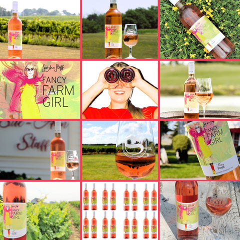 Collage of images featuring 'Fancy Farm Girl' wine bottles, glasses, and promotional materials.