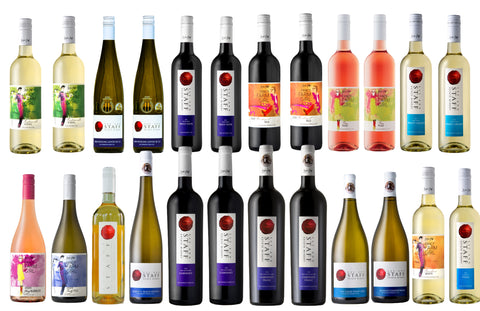 a collage of bottle shots: 24 bottles of Sue-Ann Staff Estate & Fancy Farm Girl wines on a white background