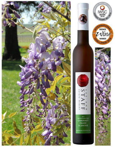 2016 Wisteria Tree Cabernet Franc with photo of wisteria blooms