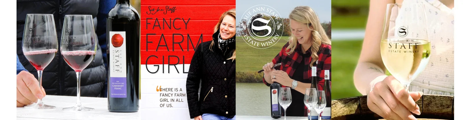 Niagara woman owned winery Sue-Ann Staff Estate Winery collage image featuring photo of Cabernet Franc red wine in stemware, Sue-Ann Staff, and image of manicured hand holding glass of Sue-Ann Staff white wine
